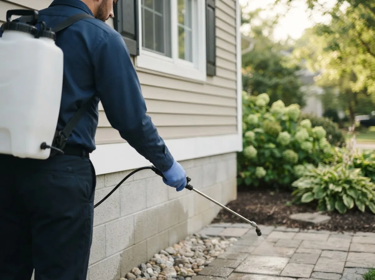 Pest control technician inspecting a home in Ipava, IL